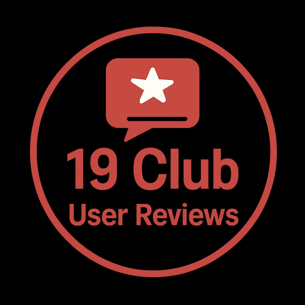 A minimalistic badge design for 19 Club User Reviews.
