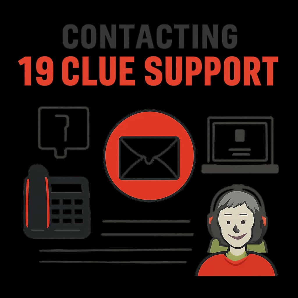 Illustration summarizing how to contact 19 Club Support.